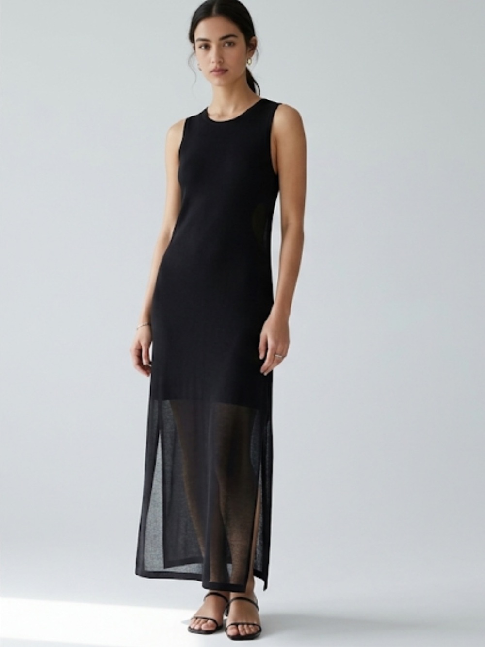 Zara Knit Collection Black Maxi Dress with Sheer Overlay & High Side Slits